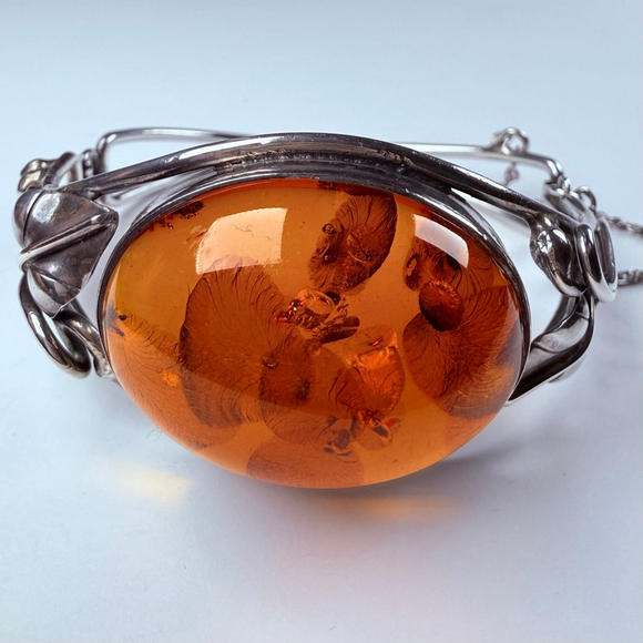 31.75 CT Baltic Honey Amber Leaves & Vines 925 Sterling Silver VTG Bracelet MCM